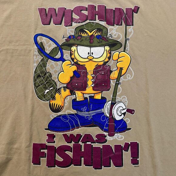 Vintage 90s Garfield Shirt Mens 3XL Wishin I Was Fishin Cartoon Graphic Made USA - Picture 3 of 10